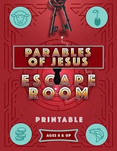 the poster for parables of jesus escape room, with keys hanging from it's center