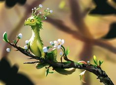 a green dragon sitting on top of a tree branch with white flowers in its mouth