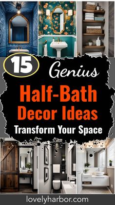 15 Genius Half Bathroom Decor Ideas Whimsical Half Bathroom, Half Bath Ideas Modern, Decorating Small Powder Bathroom, Half Bathroom Lighting Ideas, Art Deco Half Bath, Two Tone Walls Bathroom, Bathroom Half Tile Wall, Small Half Bathroom Ideas No Window, Black And White Half Bathroom Ideas