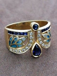 18k Gold Enric Torres Art Nouveau Sapphire Diamond Plique a Jour Enamel Ring | eBay Enamel Diamond Ring, Art Nouveau Clothing, Art Deco Rings, Plique A Jour, Bijoux Art Deco, Deco Rings, Bijoux Art Nouveau, Art Nouveau Ring, Vintage Art Deco Rings