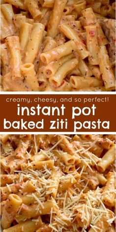 an image of baked pasta with cheese and sauce in it on a plate, next to the recipe for instant pot baked ziti pasta