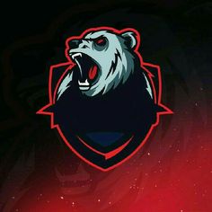 a bear with its mouth open on a red and black background that is part of a sports team logo