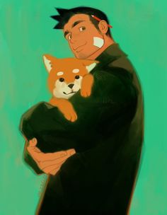 a man is holding a small dog in his arms while he's wearing a black coat