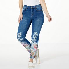 DG2 by Diane Gilman New Classic Stretch Bleached Denim Skinny Jean  Reminiscent of the eclectic 80's fashion era, bleached denim is back and better than ever! Embellished with printed artwork and heat-set stones, this classic skinny pair from Diane Gilman combines the must-have trend with feminine touches that put your fun-loving and seriously stylish personality on full fashion display. So channel your inner punk princess and rock these killer everyday jeans with any and every top in your close Dark Wash Washed Jeans For Spring, Spring Washed Denim Blue Jeans, Casual Denim Bottoms With Floral Print, Acid Wash Stretch Jeans, Washed Blue Cotton Jeans For Spring, Acid Wash Stretch Denim Jeans, Spring Stretch Denim Blue Jeans, Stretch Acid Wash Denim Jeans, Faded Mid-rise Jeans For Spring