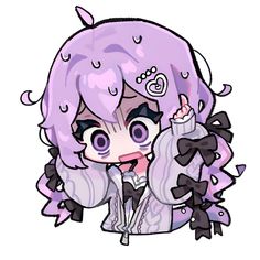 an anime character with purple hair and black bow ties holding her hand up in the air