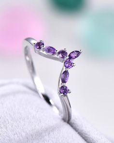 Purple Half Eternity Ring For Anniversary, Purple Round Band Wedding Ring, Purple Wedding Ring With Round Band, Purple Amethyst Stackable Wedding Rings, Purple Gemstone Stackable Rings For Wedding, Wedding Amethyst Birthstone Open Ring, Amethyst Marquise Cut Wedding Rings, Purple Marquise Cut Ring For Wedding, Amethyst Open Ring For Wedding