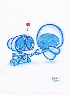 an image of a cartoon character holding onto a wall - e and eve box with a balloon floating above it