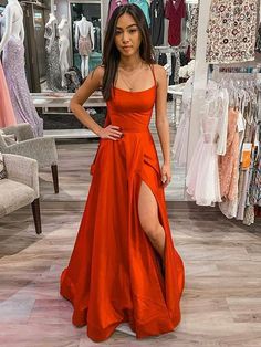 Long A-line Scoop Neck Spaghetti Straps Satin Backless Formal Prom Dresses with Slit-BIZTUNNEL Red Spaghetti Strap Maxi Dress For Prom, Elegant Red Maxi Dress With Split, Red Split Dress For Prom, Red Elegant Maxi Dress With Split, Red Split Dress For Formal Occasions, Formal Red Dress With Split, Red Split Prom Dress, Simple Prom Dress Long, Long Sleeve Gown