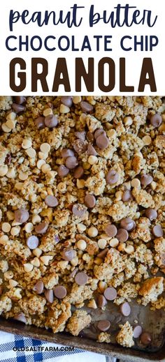 chocolate chip granola on a baking sheet with the title in the middle and an image of