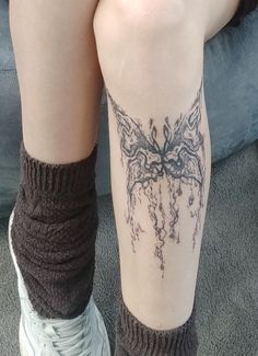 butterfly tattoo aesthetic stick and poke hand poked fairy fairycore grunge knee shin tattoo placement Tatuaje Studio Ghibli, Grunge Tattoo, Knee Tattoo, Dream Tattoos, Black Ink Tattoos, Elegant Tattoos, Dope Tattoos, Little Tattoos