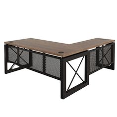 a coffee table with metal mesh panels and wood top, on an isolated white background