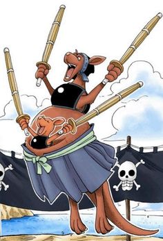 a cartoon character holding two baseball bats in one hand and wearing a skirt with skulls on the other