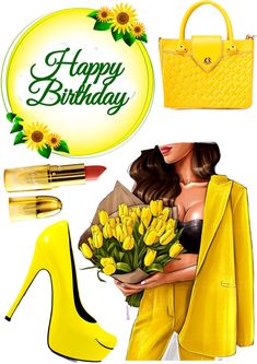 a woman in yellow is holding a bouquet of flowers and a purse with the words happy birthday written on it