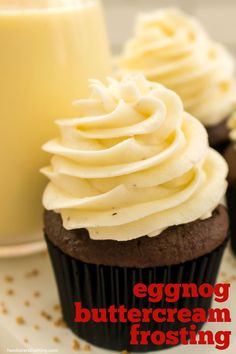 an eggnog buttercream frosting on top of chocolate cupcakes