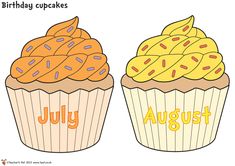 two cupcakes with the words july and august