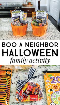 halloween treat basket with boo's and candy in it on the kitchen counter top