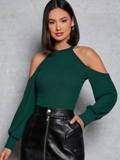 Cold Shoulder Rib-knit Tee | SHEIN USA Ribbed Tops For Winter Night Out, Knit Top For Night Out In Fall, Trendy Crew Neck Blouse For Fall, Trendy Fall Crew Neck Blouse, Trendy Stretch Knit Blouse, Green Stretch Long Sleeve Knit Top, Ribbed Sweater For Night Out In Fall, Green Tops With Ribbed Neckline For Fall, Green Long Sleeve Knit Top For Fall