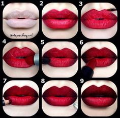 Red Ombre Lips, Makeup Bibir, Ombre Lips Tutorial, Extreme Make-up, Halloweenský Makeup, Drag Make-up, Lipstick Hacks, Lipstick Tutorial, Lip Tutorial