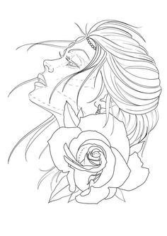 a drawing of a woman with long hair holding a rose in her hand and looking up at the sky