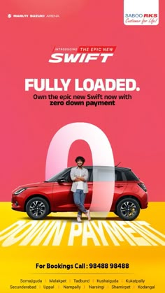 an advertisement for a car that is parked in front of a red background with the number nine