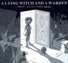 a drawing of a woman standing in front of a door with the words, a living witch and a wardrobe