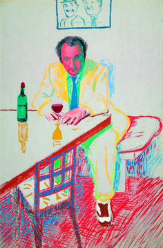 a drawing of a man sitting at a table with a wine glass in his hand