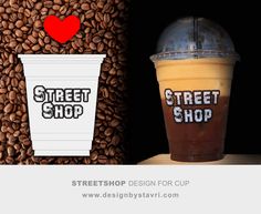 there is a coffee cup with the word street shop on it next to an image of coffee beans