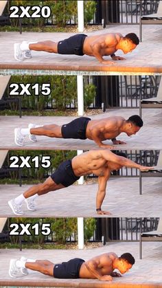 a man doing push ups on a bench in four different positions with the same amount of muscles