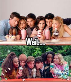 the cast of friends are posing for a photo with their drinks in front of them