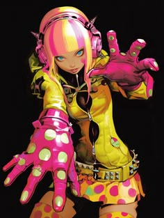 a woman with pink hair and headphones holding her hands up to the side while wearing polka