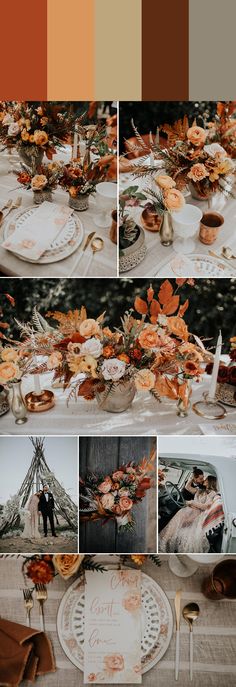 the table is set with orange and brown flowers, plates, napkins and utensils