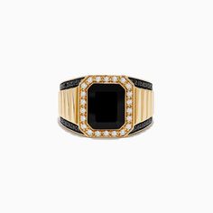 Effy Men's 14K Yellow Gold Onyx and Diamond Ring Black 14k Gold Signet Ring Fine Jewelry, Black 14k Gold Signet Ring, Luxury Black Signet Ring For Anniversary, Luxury Black Signet Ring For Formal Occasions, Black Luxury Signet Ring For Formal Events, Black 14k Gold Signet Ring With Gemstone, Formal Black 14k Stamped Signet Ring, Luxury Black 14k Gold Rings, Classic Black Ring With 17 Jewels