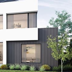 an artist's rendering of a modern house with large windows and plants in the foreground