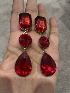 • Triple crystal rhinestone clip on earrings. • Color : Red, Gold. Red Earring Set, Big Colorful Earrings, Red Garnet Earrings, Pageant Earrings, Prom Long, December 2022, Garnet Earrings, Red Earrings, Colorful Earrings