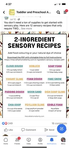 a poster with the words, 2 ingredient sensory recipes and an image of children's food