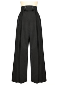 Look hip in these pleated wide-leg retro inspired pants! These high waisted pants have four buttons on the front that function for the opening, with convenient real front and back pockets.     Available in dark khaki and black. Standard size approx. length: 44 inches; Plus size approx. length: 48 inches. Made of Sateen Rock Dress, Outfit Vintage, Vintage Trousers, Moda Paris, 40s Fashion, Black High Waist, Professional Fashion, 1940s Fashion, Vintage Pants