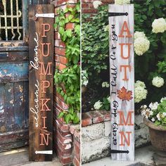 two wooden signs sitting next to each other in front of a brick wall and potted plants