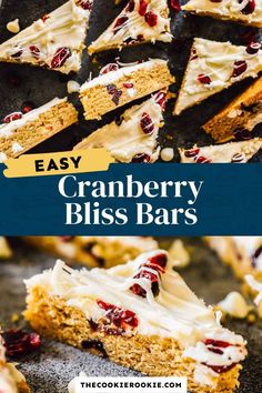 cranberry bliss bars with white frosting and cranberries on top are cut into