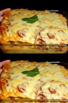 two images of a casserole dish with meat and cheese in it, being held by someone's hand