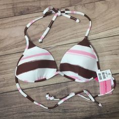 Super Cute Striped Moulded Cup Bikini Top By Cia Maritima! White,Brown And Pink Striped Pattern Molded Cup Halter Tie, Tie Back Made In Brazil Size Medium Matching Bottoms In Separate Listing! Pink Lined Swimwear For Beach, Pink Swimwear With Padded Cups For Beach, Pink Beach Swimwear With Padded Cups, Pink Padded Cup Swimwear For Beach, Beach Swimwear With Padded Cups In Pink, Pink Summer Swimwear With Padded Cups, Pink Halter Neck Swimwear With Padded Cups, Fitted Pink Swimwear With Padded Cups, Cia Maritima