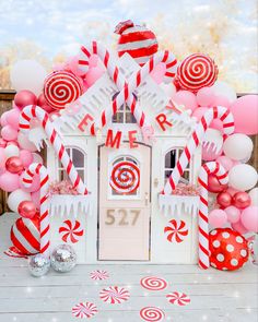 Playhouse. Christmas decor. Kids Christmas. Girl Christmas. Play house diy. DIY holiday decor. Christmas Playhouse, Candy Cane Party, Christmas Candy Cane Decorations, Christmas Outdoors, Cardboard Houses, Gingerbread House Parties, Candy Cane Decorations, Christmas Party Themes, Kids Christmas Party