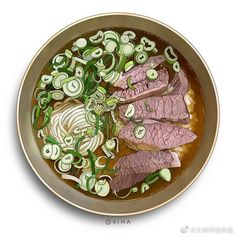 a bowl filled with meat and vegetables on top of a table