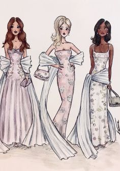 three women in evening gowns, one is wearing a dress and the other has a purse