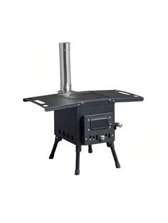 a black stove with a metal chimney on it's legs and two burners