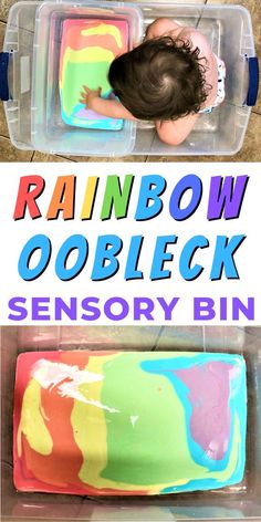 rainbow oobleck sensory bin for toddlers to play with