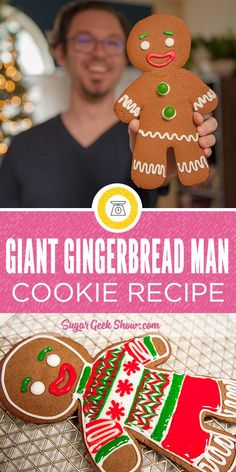 a man is holding up some gingerbread cookies