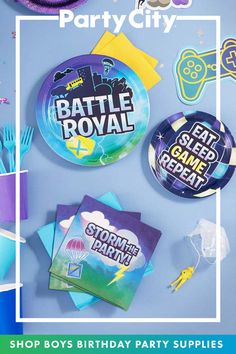 party supplies are displayed on a blue background