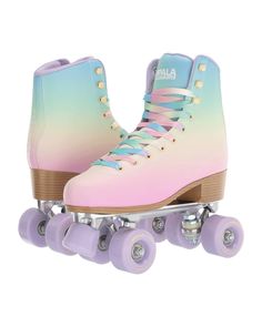 a pair of roller skates with pastel colors