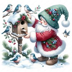 a painting of santa claus holding a birdhouse in the snow with birds around him