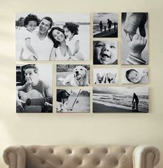 a living room with a couch and several pictures on the wall above it that have people holding hands